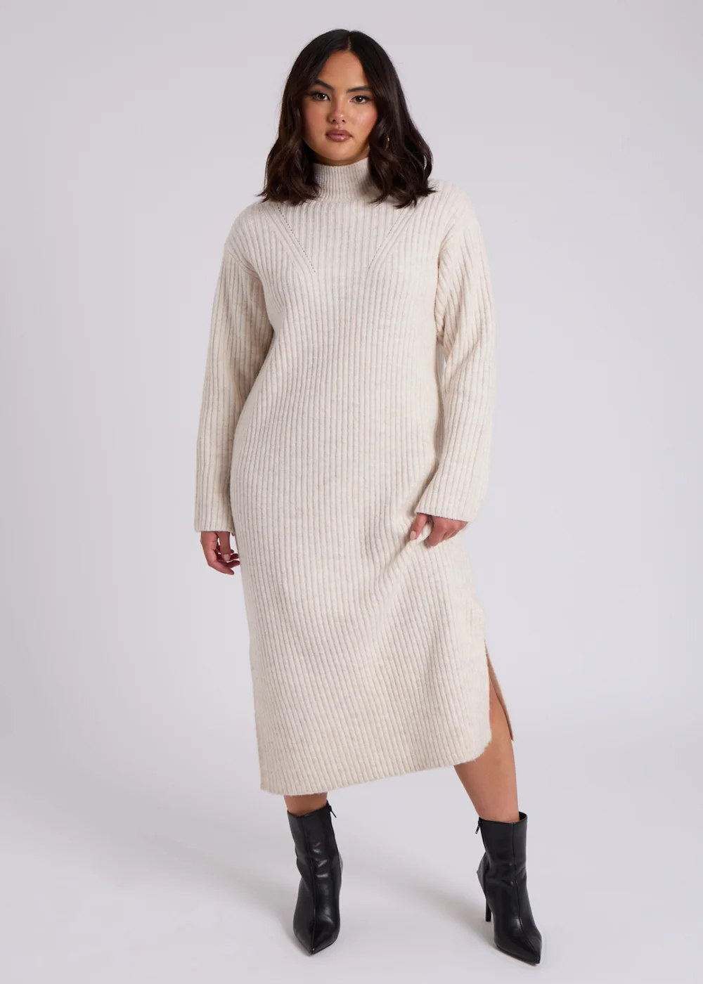 Urban Bliss Cream Stand Neck Ribbed Dress - S Image 1