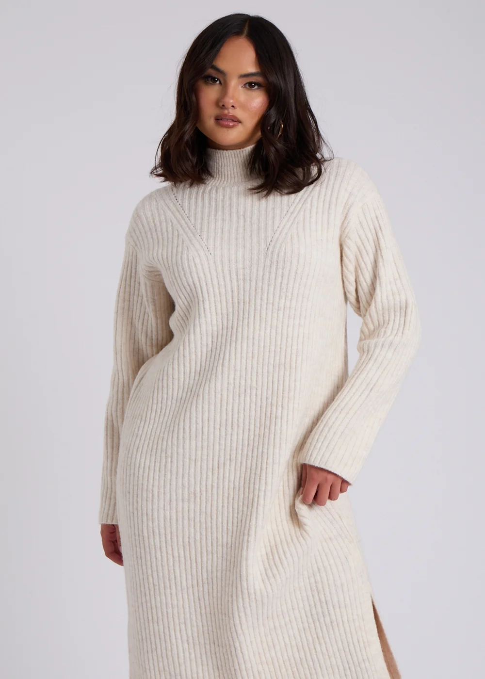 Urban Bliss Cream Stand Neck Ribbed Dress - S Image 3