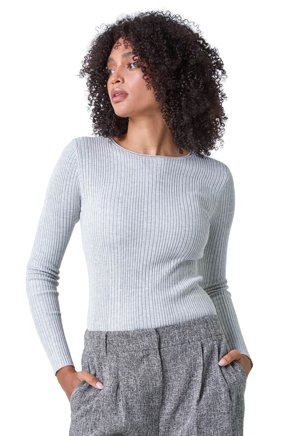 Roman Light Grey Soft Ribbed Stretch Knit Jumper - Size 24 Image 3