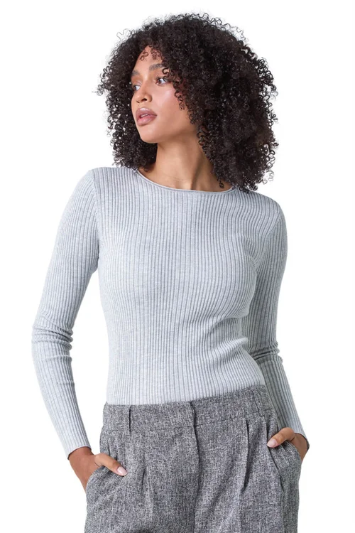 Roman Light Grey Soft Ribbed Stretch Knit Jumper - Size 24 Image 3