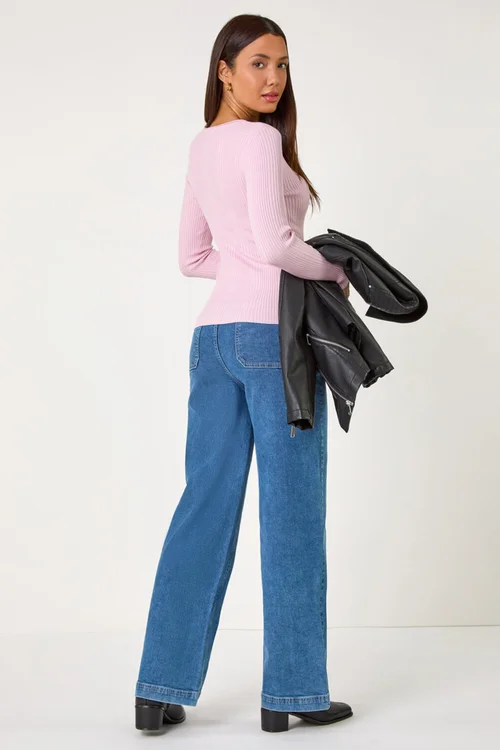 Roman Pale Pink Soft Ribbed Stretch Knit Jumper - Size 14 Image 4