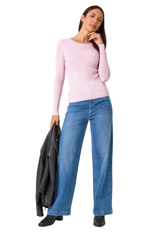 Roman Pale Pink Soft Ribbed Stretch Knit Jumper - Size 14 Image 2