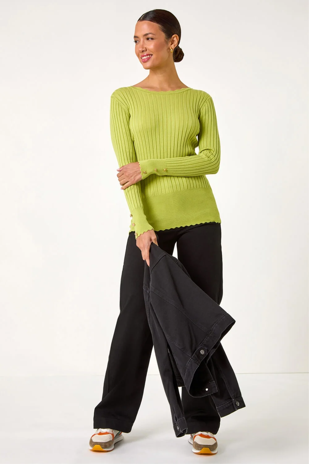 Roman Green Button Detail Ribbed Longline Jumper - 10 Image 2