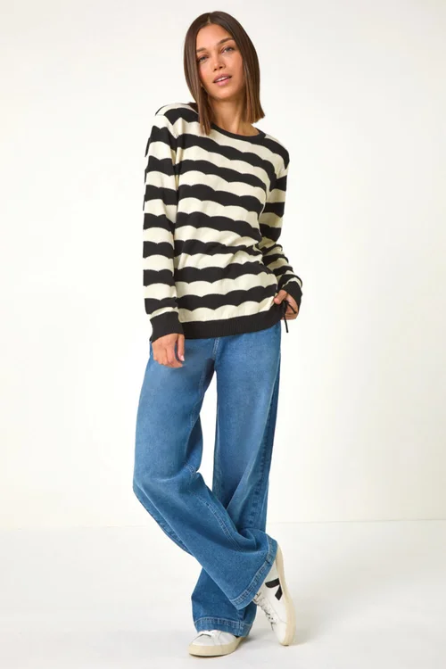 Roman Black Striped Scallop Cotton Blend Tie Jumper - Size 14 Image 4