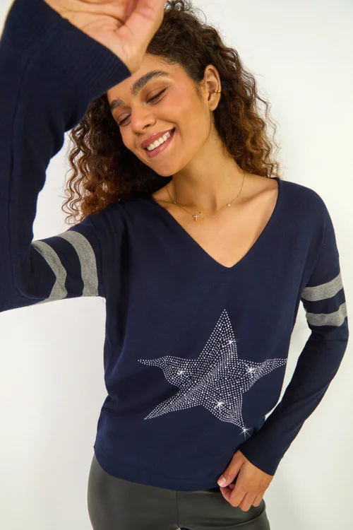 Roman Midnight Blue Star Embellished Knit Jumper - Size 16 Image 2