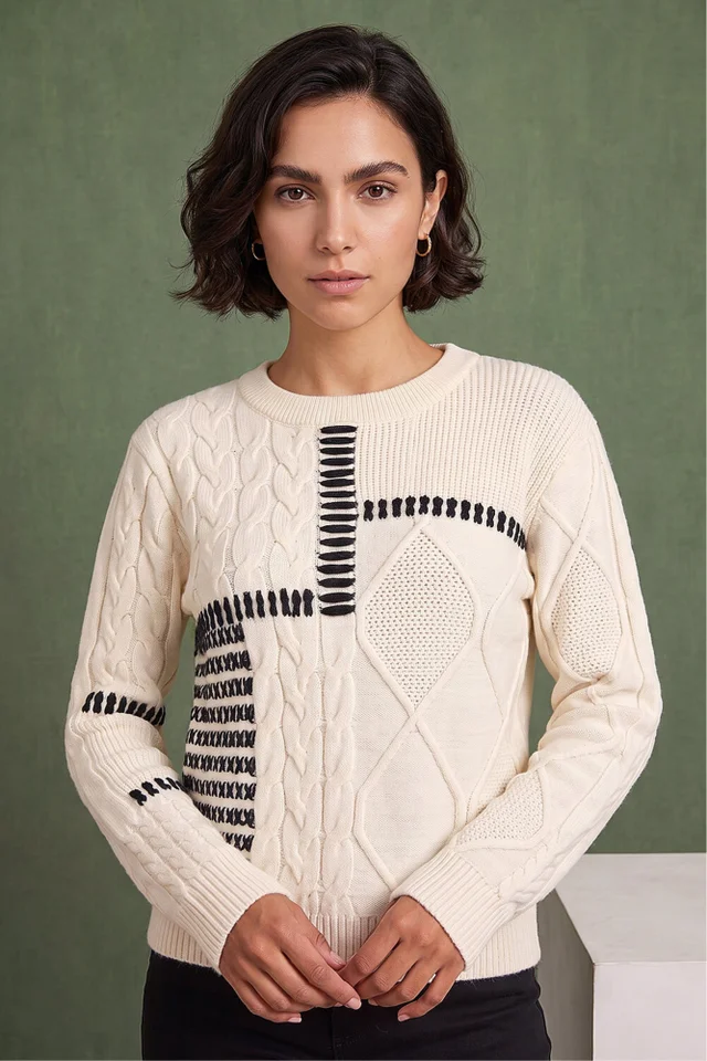 Roman Ivory Crew Neck Blanket Cable Knit Jumper