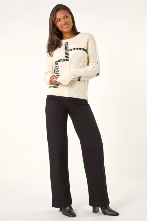 Roman Ivory Crew Neck Blanket Cable Knit Jumper - 14 Image 3