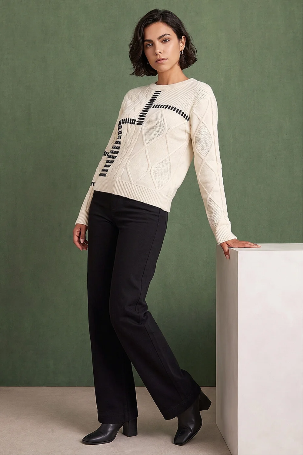Roman Ivory Crew Neck Blanket Cable Knit Jumper - 16 Image 2