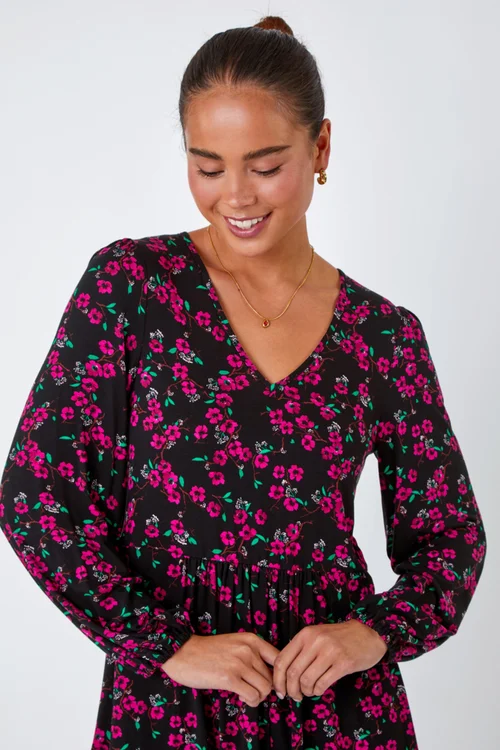 Roman Pink Petite Floral Print Frill Hem Stretch Top - Size 8 Image 2