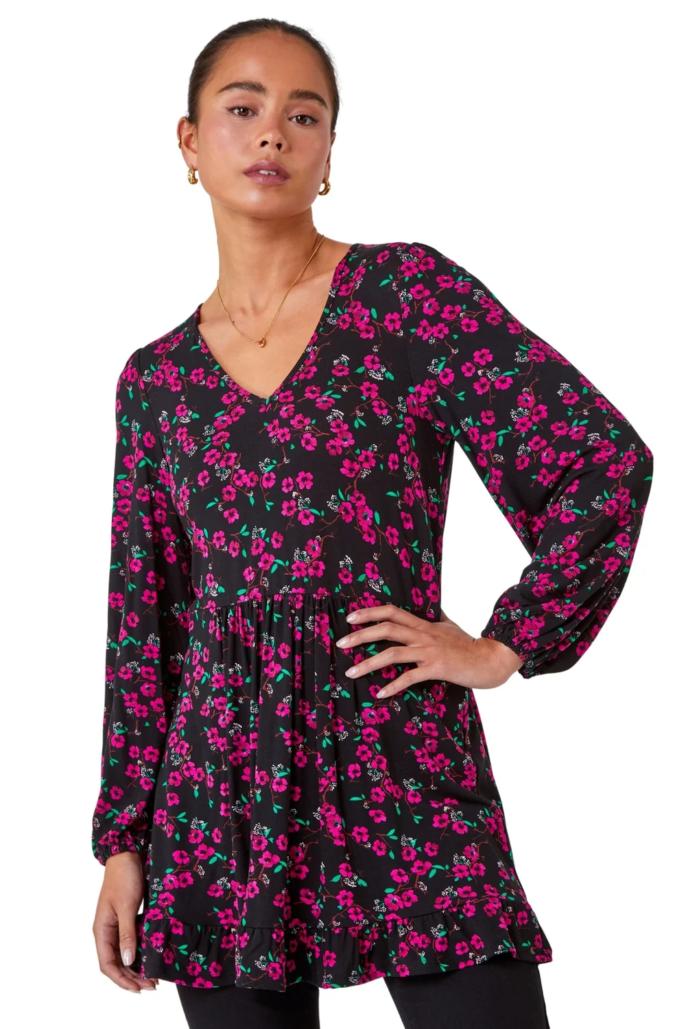 Roman Pink Petite Floral Print Frill Hem Stretch Top - Size 8 Image 1