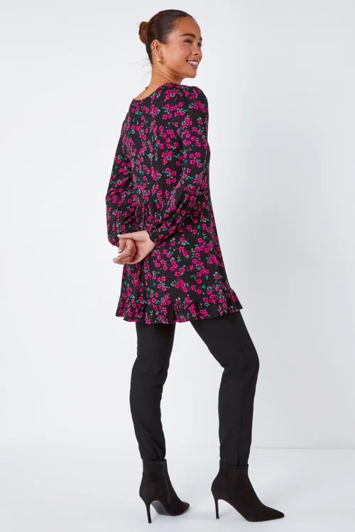 Roman Pink Petite Floral Print Frill Hem Stretch Top - Size 8 Image 3