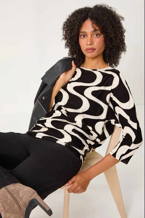 Roman Black Swirl Print Stretch Top - 10 Image 2