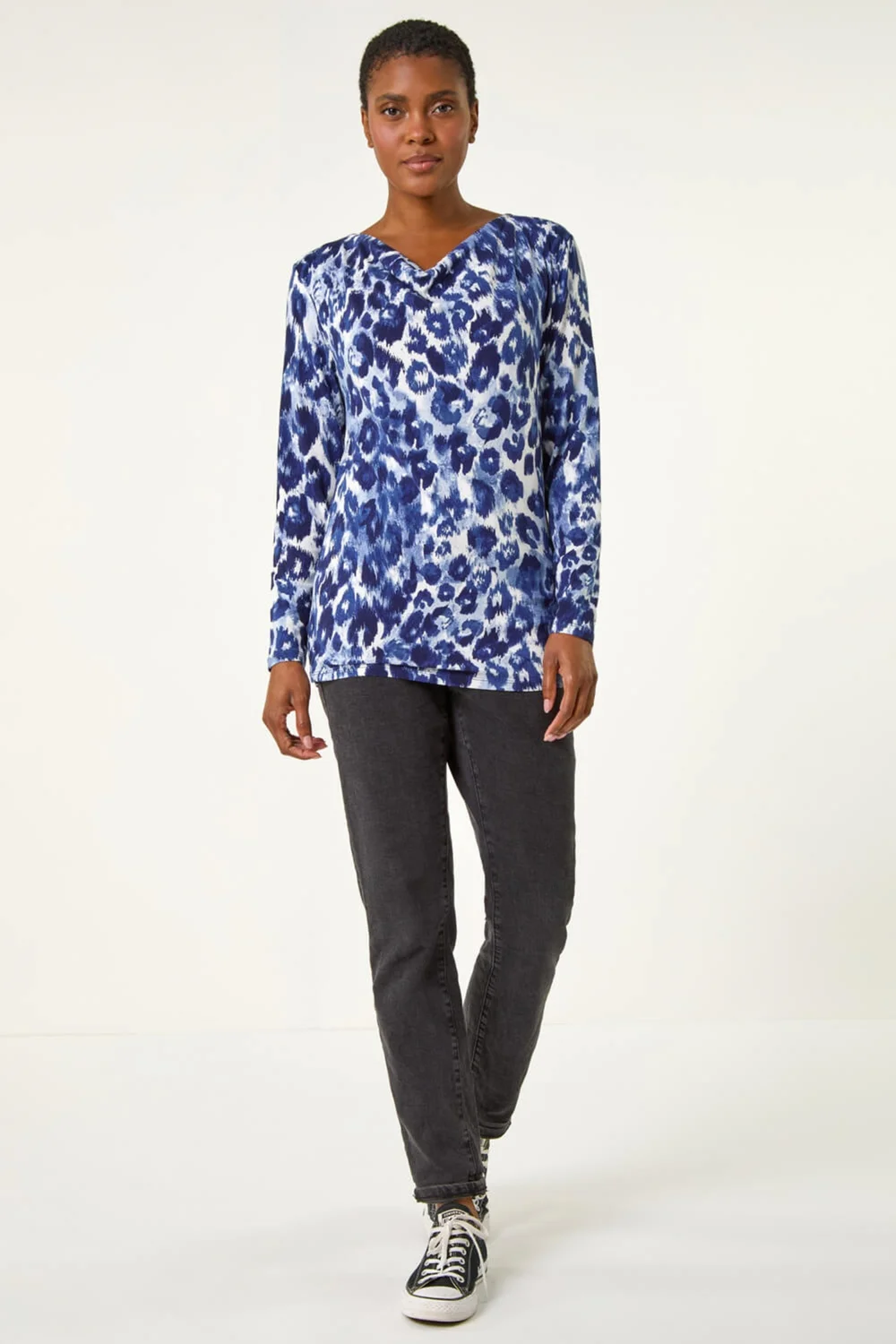 Roman Navy Animal Print Cowl Neck Tunic Top - Size 10 Image 3
