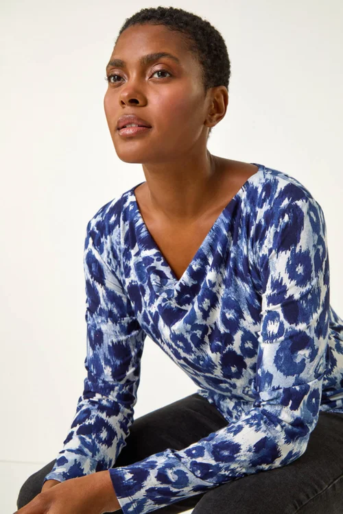 Roman Navy Animal Print Cowl Neck Tunic Top - Size 10 Image 2