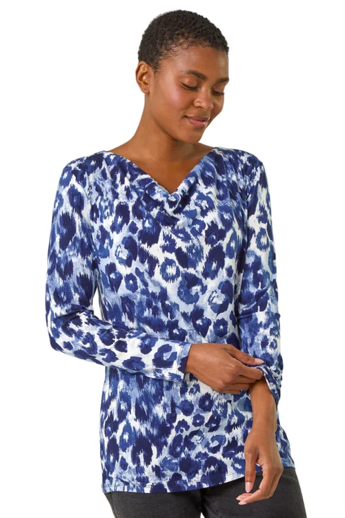 Roman Navy Animal Print Cowl Neck Tunic Top - Size 10 Image 1