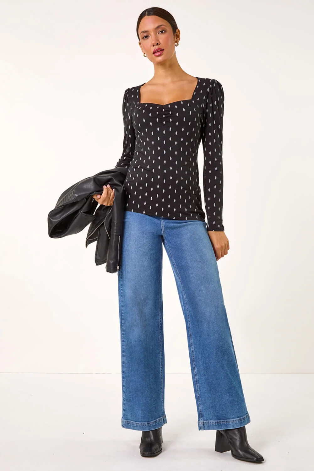 Roman Black Sweetheart Neck Print Stretch Tunic Top - Size 24 Image 3