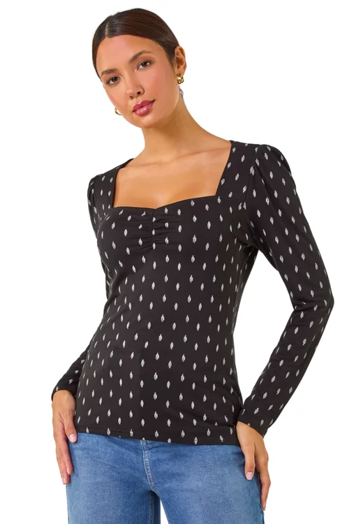 Roman Black Sweetheart Neck Print Stretch Tunic Top - Size 24 Image 1