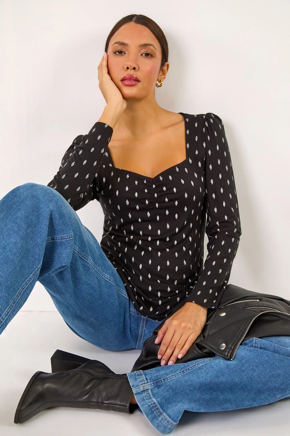 Roman Black Sweetheart Neck Print Stretch Tunic Top - Size 24 Image 2