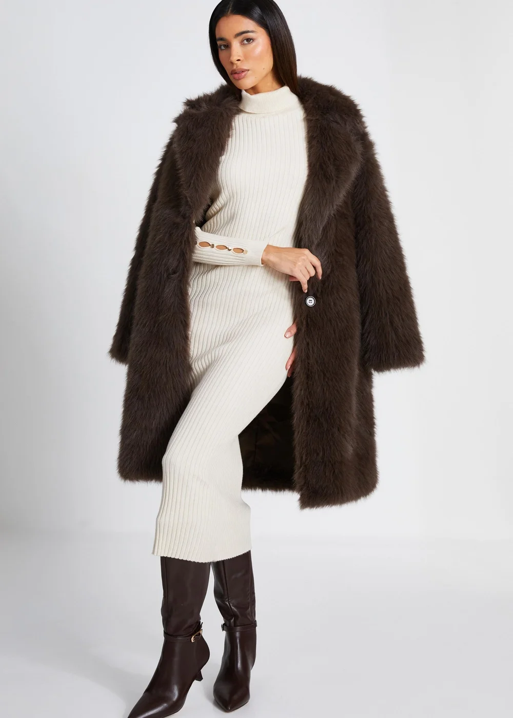 Quiz Cream Ribbed Knit Jumper Dress - XS Image 1