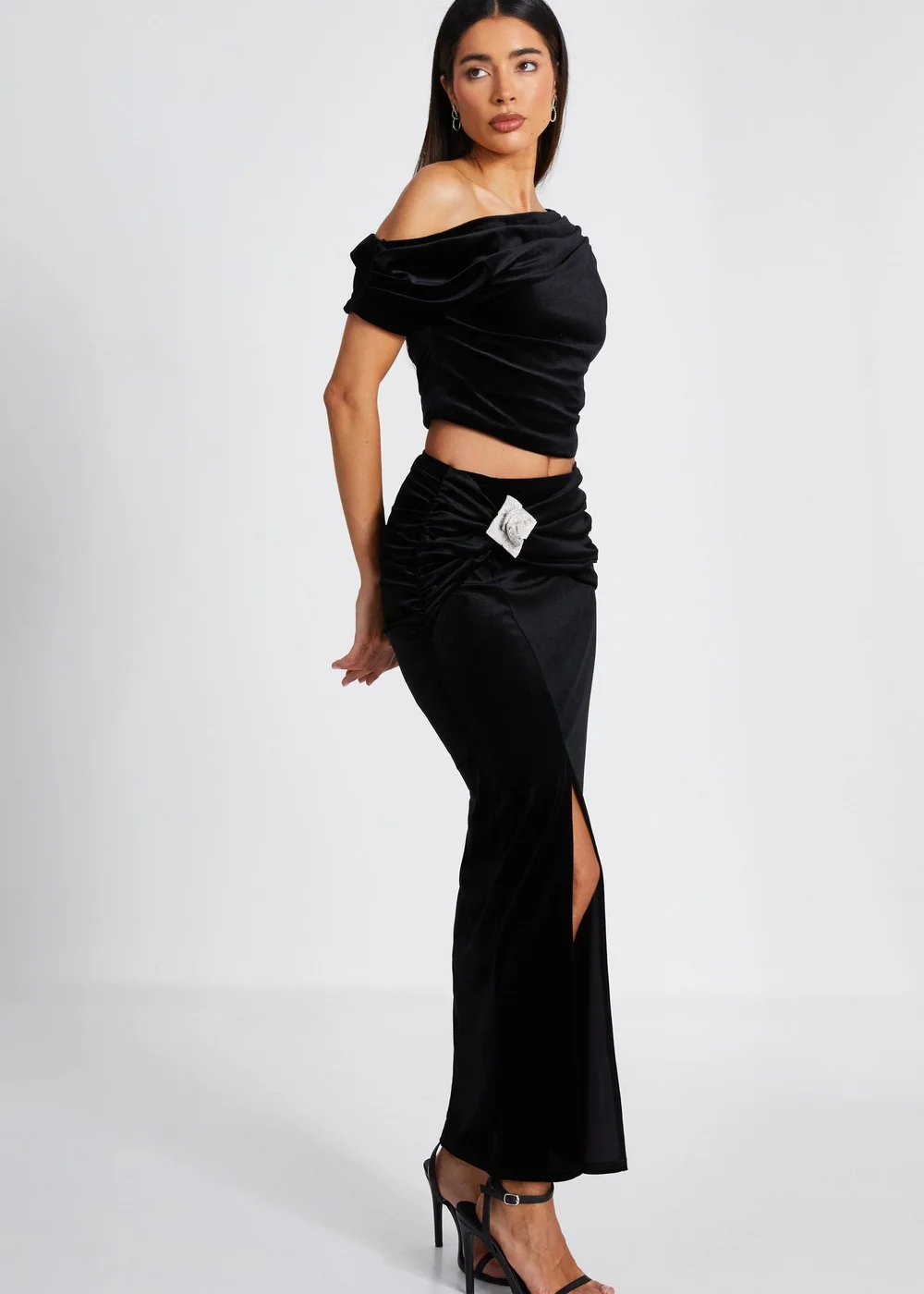 Quiz Black Velvet Corsage Maxi Skirt - Size 6 Image 3