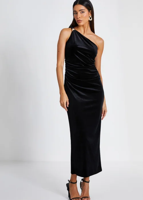 Quiz Black Velvet One Shoulder Midaxi Dress - 6 Image 1