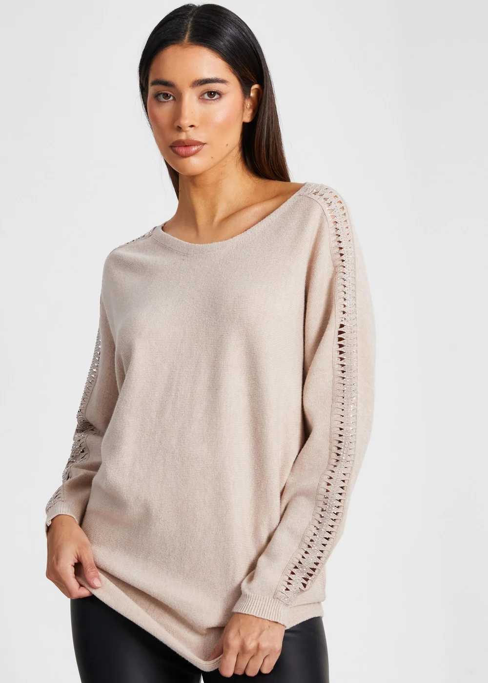Quiz Stone Knit Diamante Sleeve Jumper - XS Image 1