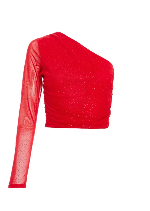 Quiz Red Glitter Mesh Crop Top - 6 Image 4