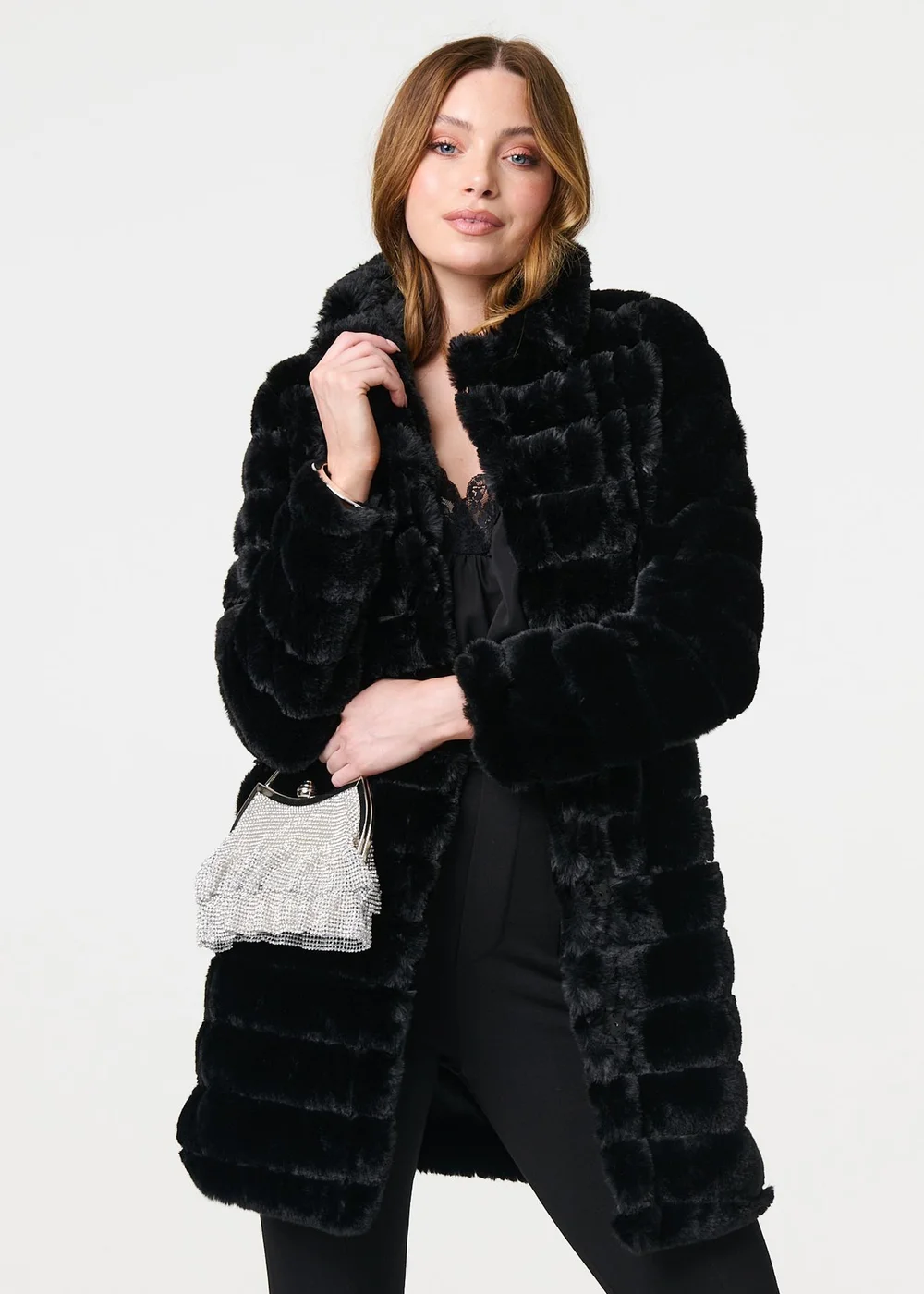 Izabel London Black Faux Fur Thigh Length Coat - Size 8 Image 4
