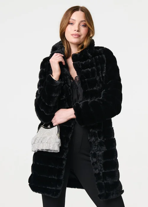 Izabel London Black Faux Fur Thigh Length Coat - Size 8 Image 4