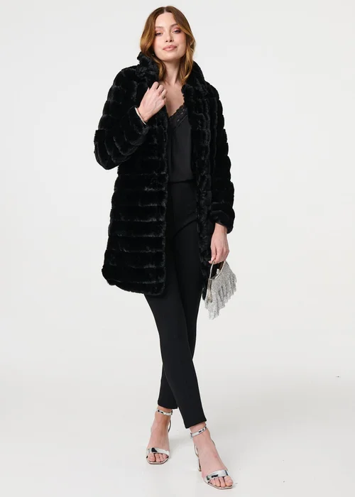 Izabel London Black Faux Fur Thigh Length Coat - Size 8 Image 1