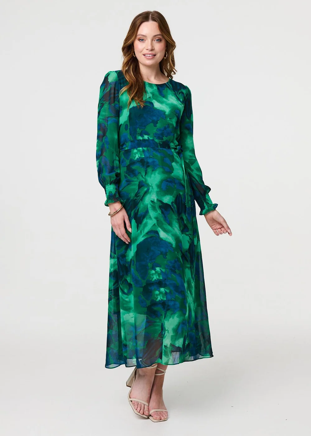 Izabel London Green Printed Long Sleeve Chiffon Midi Dress - 12 | Matalan Izabel London Green Printed Long Sleeve Chiffon Midi Dress - 12 | Matalan