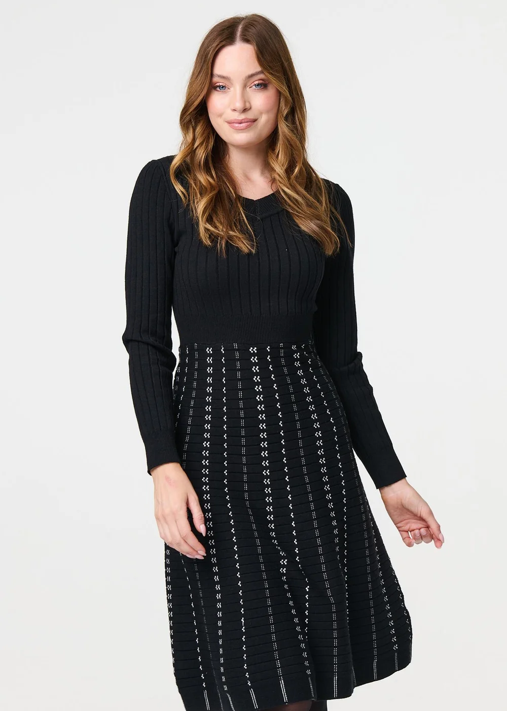 Izabel London Black Striped Long Sleeve Midi Knit Dress - Size 8 Image 4