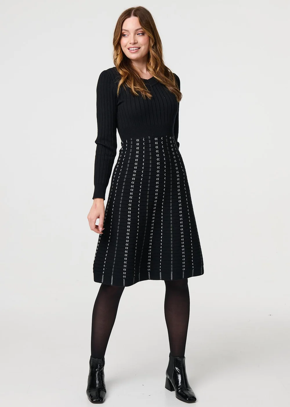 Izabel London Black Striped Long Sleeve Midi Knit Dress - Size 8 Image 1