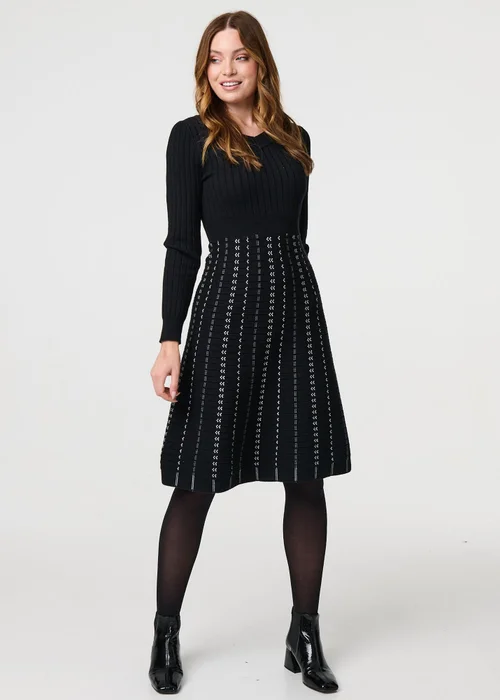 Izabel London Black Striped Long Sleeve Midi Knit Dress - Size 8 Image 1