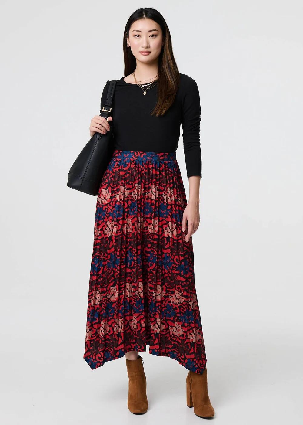 Izabel London Red Printed Box Pleat Hanky Hem Midi Skirt - Size 8 Image 1