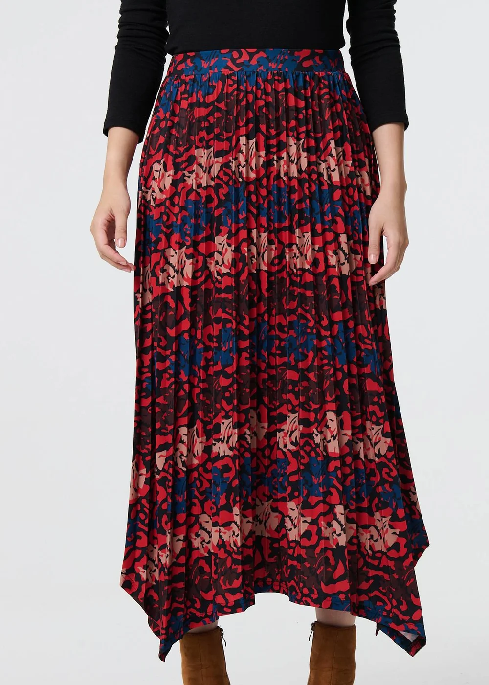Izabel London Red Printed Box Pleat Hanky Hem Midi Skirt - Size 8 Image 2