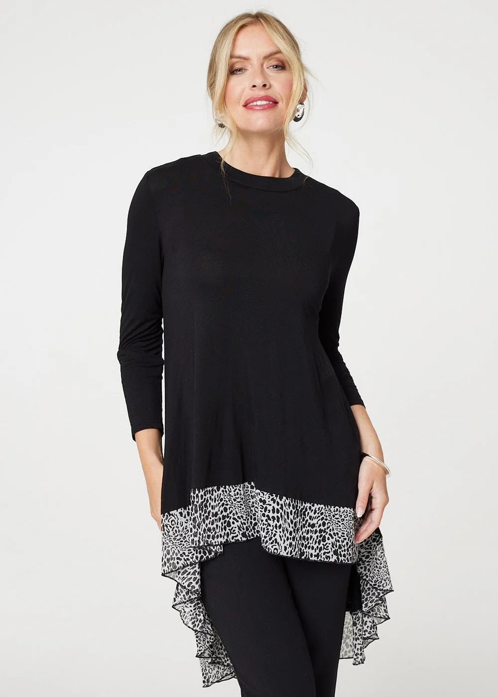 Izabel London Black Animal Print High Low Jersey Top - Size 8 Image 4