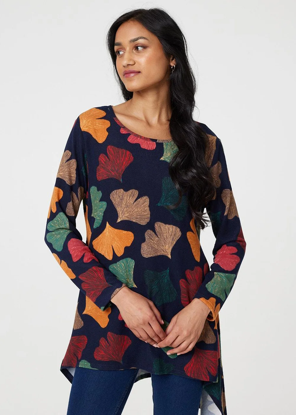 Izabel London Navy Leaf Print High Low Tunic Top - 8 Image 4