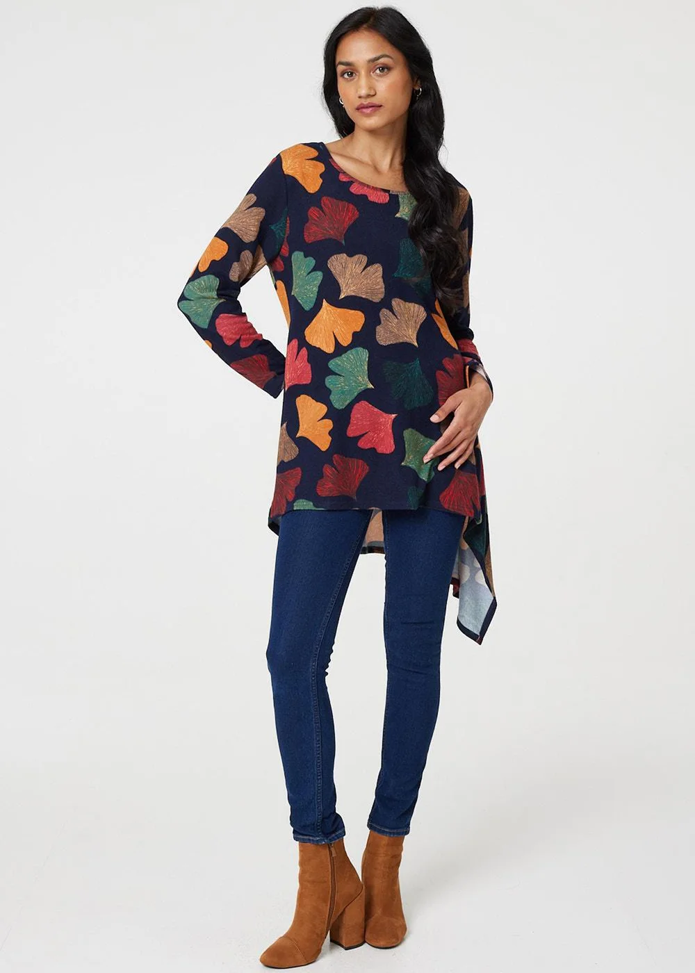 Izabel London Navy Leaf Print High Low Tunic Top - 8 Image 1