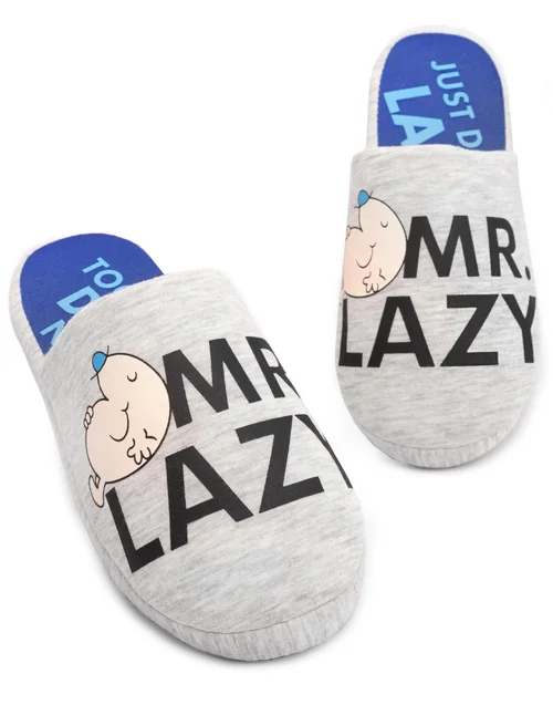 Vanilla Underground Mr. Men Grey Mr Lazy Mule Slippers - 7-8 Image 1