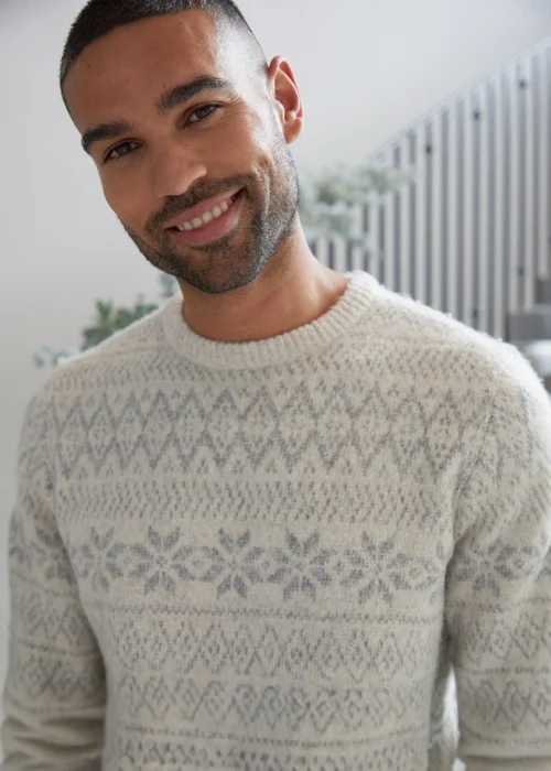 Threadbare Light Grey Fairisle Crew Neck Christmas Jumper - S Image 4