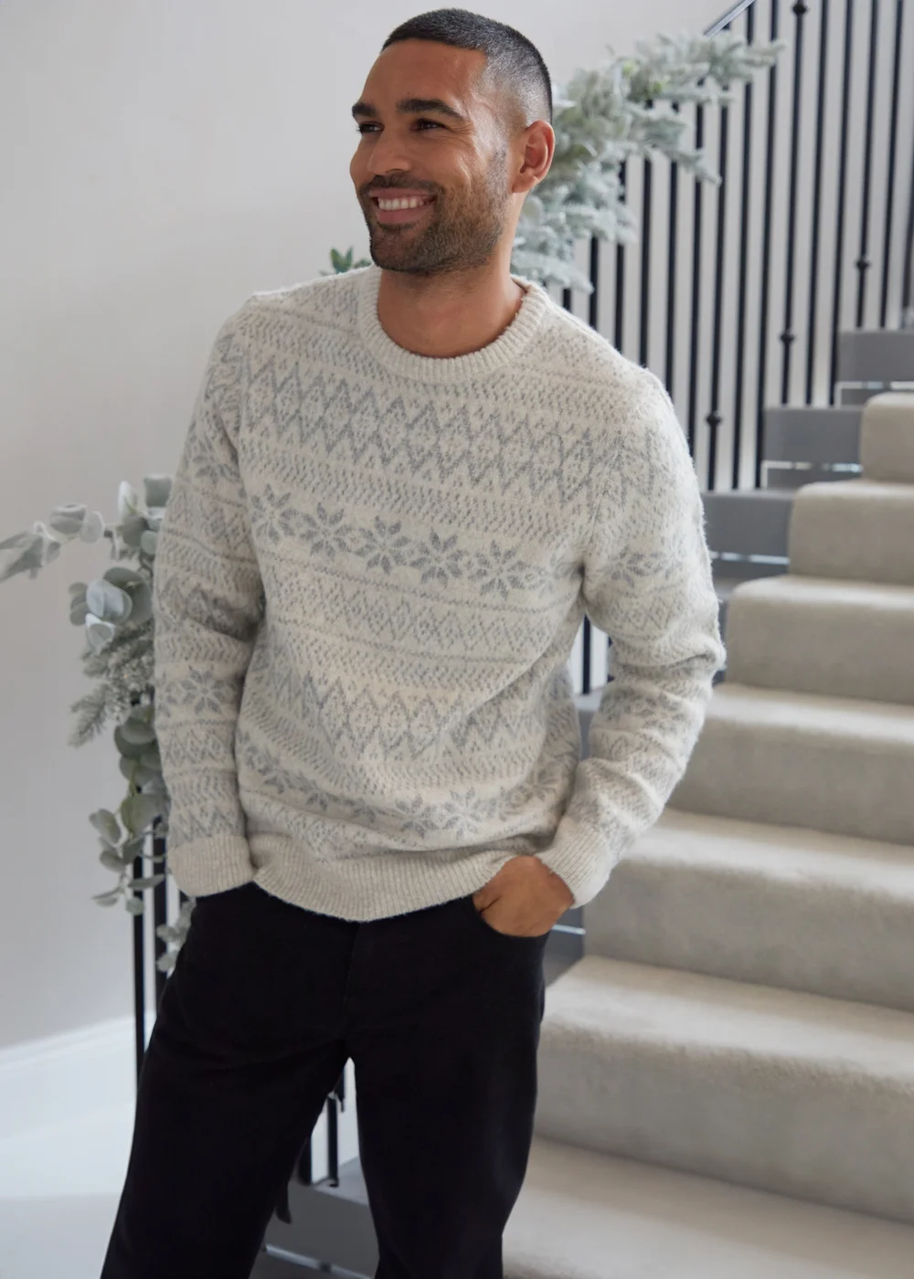 Threadbare Light Grey Fairisle Crew Neck Christmas Jumper - S Image 1