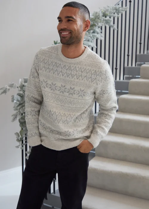 Threadbare Light Grey Fairisle Crew Neck Christmas Jumper - S Image 1