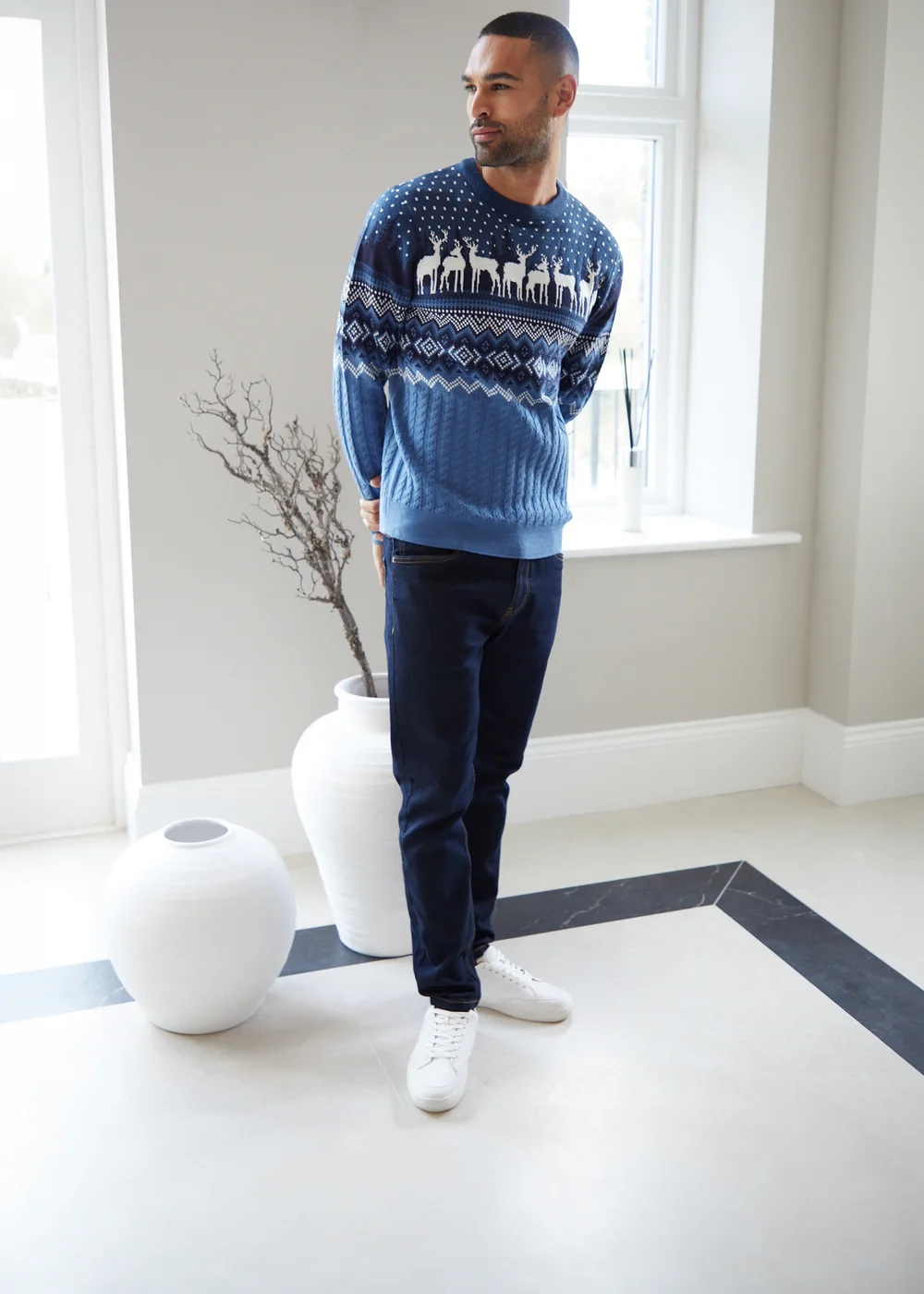 Threadbare Blue Cable Knit Fairisle Crew Neck Christmas Jumper - S Image 4