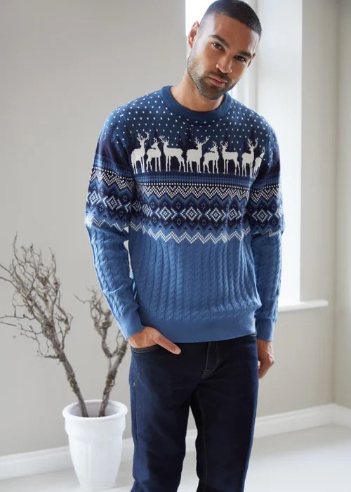 Threadbare Blue Cable Knit Fairisle Crew Neck Christmas Jumper - S Image 1