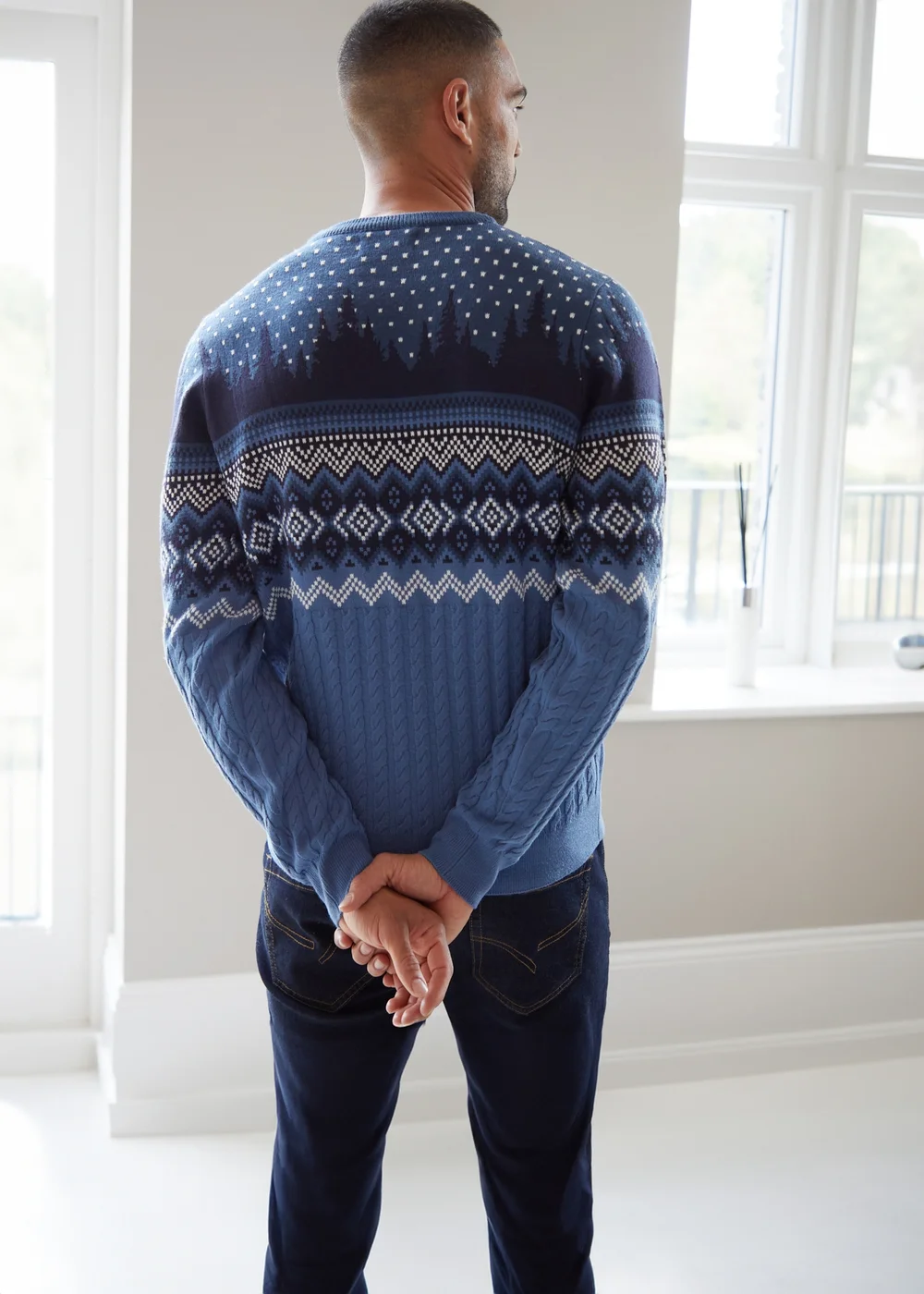 Threadbare Blue Cable Knit Fairisle Crew Neck Christmas Jumper - S Image 2