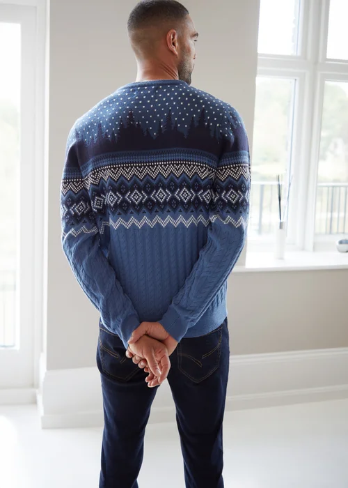 Threadbare Blue Cable Knit Fairisle Crew Neck Christmas Jumper - S Image 2