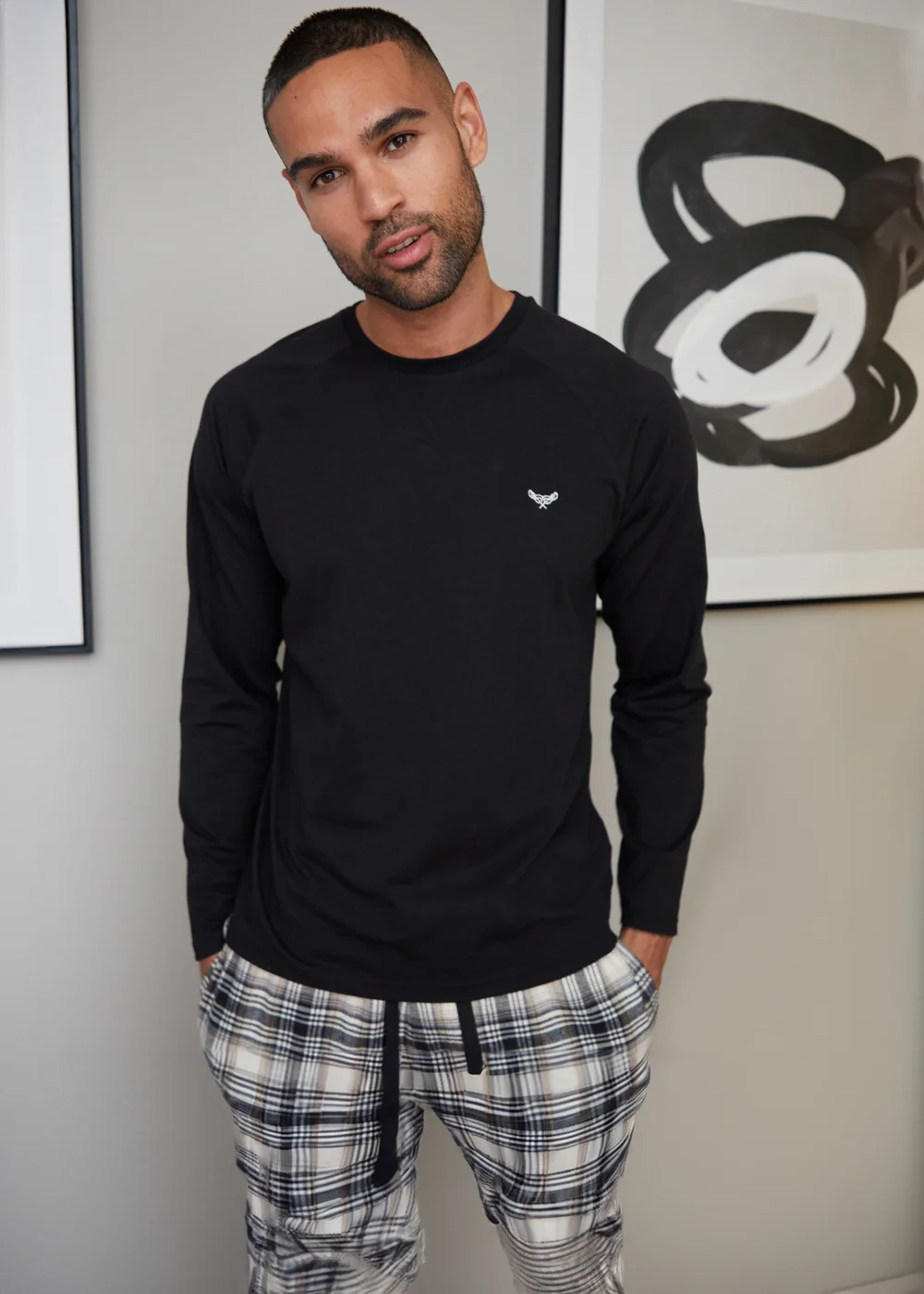 Threadbare Black Cotton Mix Long Sleeve Check Pyjama Set - Small Image 1