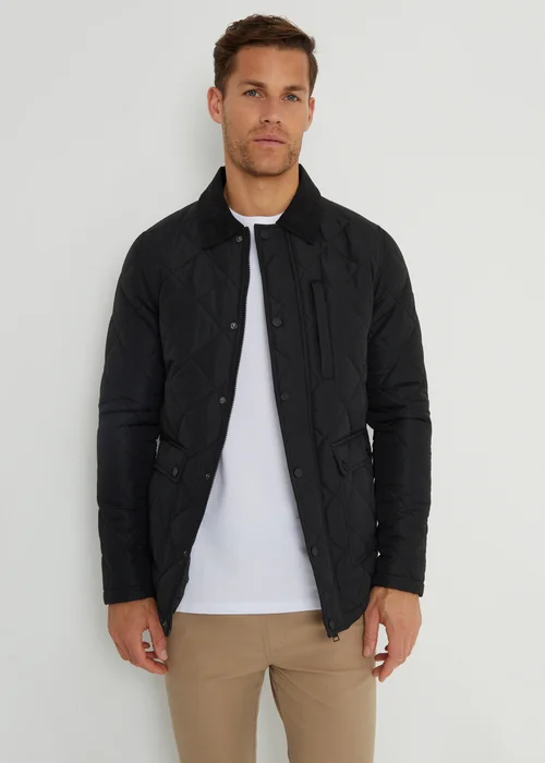 Threadbare Black Showerproof Diamond Quilted Collared Jacket - S Image 1