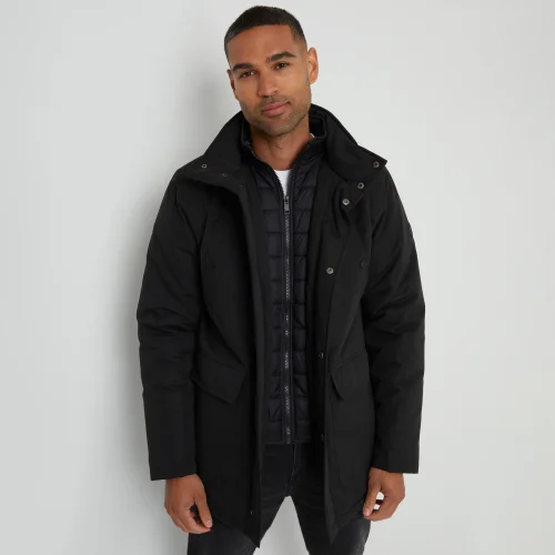 Threadbare Black Showerproof Funnel Neck Mock Layer Coat - S Image 1